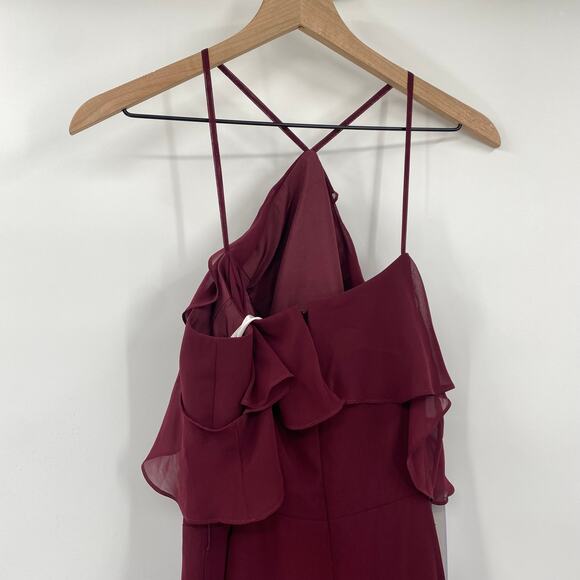 Azazie Ailani Gown Ruffle Off Shoulder Y Neck Halter Maxi Cabernet Red Womens 10 - Picture 5 of 14